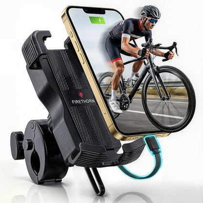Bike Phone Holder with Built in 5000 mAh Rechargable Battery - Motorcycle Mount, Handlebar Cell Phone Clamp, Scooter Clip for all 4.7 to 6.8" Phone types - iPhone 17, 16, 15 Plus, S20, Smartphones