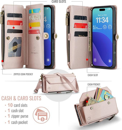 Strapurs Wallet Case Compatible with iPhone 16 Pro Max 6.9" RFID Blocking 10-Card Holder Soft PU Leather Magnetic Snap Shoulder Strap Zipper Pocket Phone Case Fit for iPhone 16 Pro Max - Rose Gold | 6.9", RFID Blocking, 10-Card Holder, Soft PU Leather,...