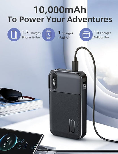 RORRY Portable Charger w/Wall Plug 10000mAh Power Bank 22.5W Battery Pack | Built in Cables, Fast Charging, for iPhone, iPad, Samsung Galaxy, Pixel, LG, Travel Essential, Digital Display, Pocket Size