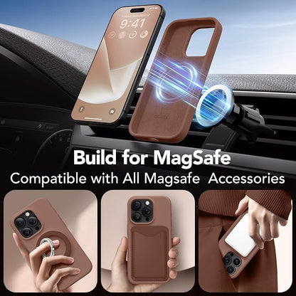 GONEZ Magnetic for iPhone 16 Pro Case, Compatible with MagSafe, [Screen Protector + Camera Lens Protector], Silicone Shockproof Anti-Scratch Protective Phone Case 6.3 inch, Brown