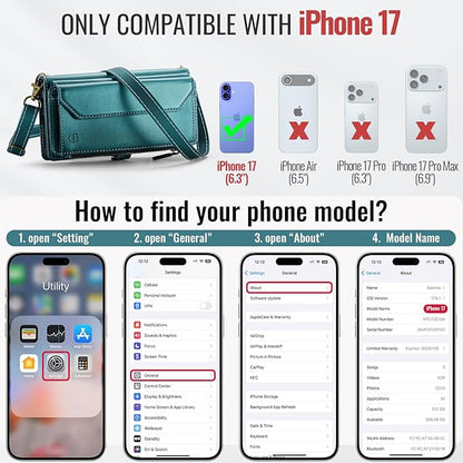 Strapurs Wallet Case Compatible with iPhone 17 6.3" RFID Blocking 9-Card Holder Soft PU Leather Magnetic Snap Shoulder Strap Zipper Pocket Phone Case Fit for iPhone 17 for Women - Blue Green