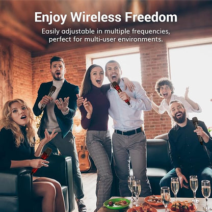 TONOR Wireless Microphones System with 4x10 Channels Cordless Handheld Microfono Inalambrico, UHF Mics with Stable Signal Transmission for Karaoke Singing Party Church Wedding 60 m/200ft Red