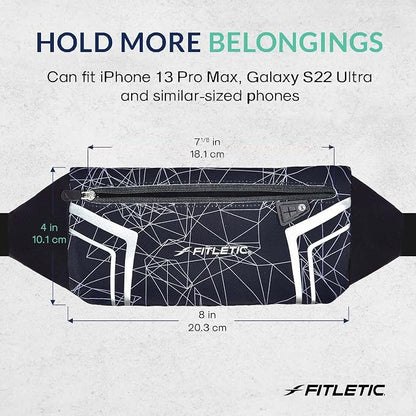 Fitletic Modern Sports Running Belt For Men & Women – Water Resistant Pouch - Fits All Smart Phones- Lightweight, Low Profile Design –Lycra Coated With Inner Card Organizer Pocket Black/Spider Print