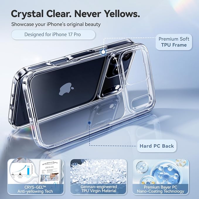 CASEKOO for iPhone 17 Pro Case Smooth Crystal Clear, Patented Anti-Yellow & Virgin TPU, 15FT Military Protection, Slim Transparent Women Men Funda para for iPhone 17 Pro Phone Case 6.3", Clear