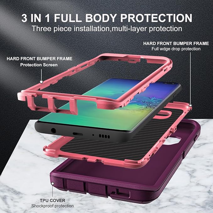 for Samsung Galaxy S10 Plus Case, with 2Pcs [Self Healing Flexible TPU Screen Protector & Camera Lens Protector] Military Grade 3 in 1 Heavy Duty Case for Galaxy S10 Plus (Purple/Pink)