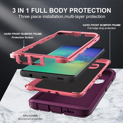 for Samsung Galaxy S10 Plus Case, with 2Pcs [Self Healing Flexible TPU Screen Protector & Camera Lens Protector] Military Grade 3 in 1 Heavy Duty Case for Galaxy S10 Plus (Purple/Pink)