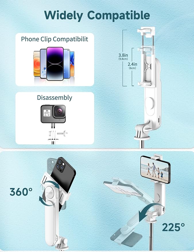 Stable Selfie Stick Tripod with Fill Light, 44 Inch Extendable Selfie Stick with Wireless Remote and Tripod Stand 360 Rotation for iPhone 15/14/13/12/11 Pro/XS Max/XR/X, Samsung and Smartphone (White)