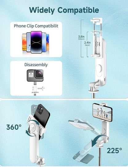 Stable Selfie Stick Tripod with Fill Light, 44 Inch Extendable Selfie Stick with Wireless Remote and Tripod Stand 360 Rotation for iPhone 15/14/13/12/11 Pro/XS Max/XR/X, Samsung and Smartphone (White)