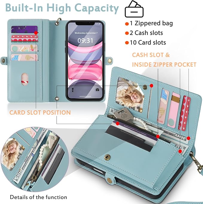 for Wallet Case Compatible with iPhone 11,Multi-Function Detachable 2 in 1 Magnetic iPhone 11 Case Wallet,Flip Strap Zipper Card Holder Phone Case with Shoulder Straps (Blue)