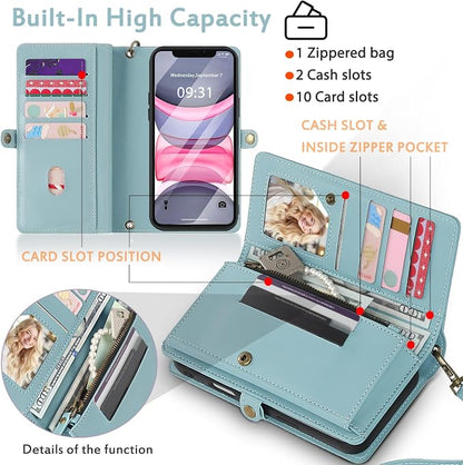 for Wallet Case Compatible with iPhone 11,Multi-Function Detachable 2 in 1 Magnetic iPhone 11 Case Wallet,Flip Strap Zipper Card Holder Phone Case with Shoulder Straps (Blue)