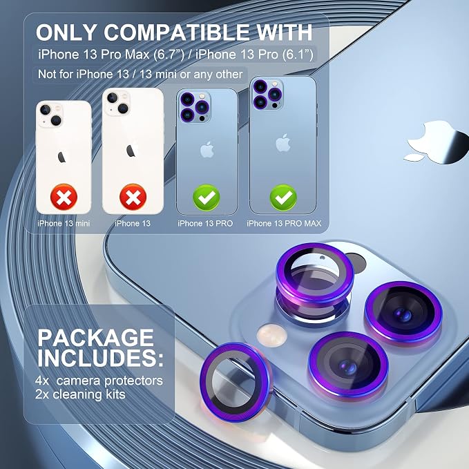 Choiche Compatible for iPhone 13 Pro/iPhone 13 Pro Max Camera Lens Protector, 9H Tempered Glass Camera Cover Screen Protector Metal Ring Decoration Accessories (Colorful)