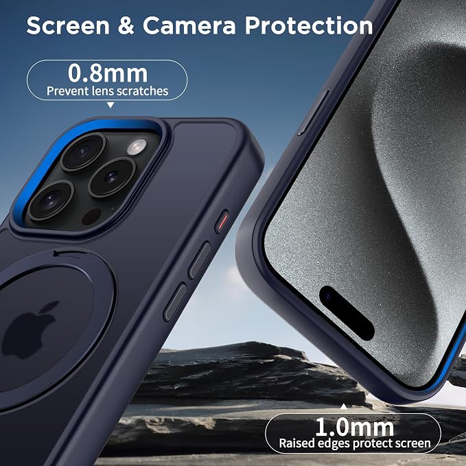 CACOE Magnetic Case for iPhone 15 Pro 6.1 inch with 360° Rotatable Ring Stand,Compatible with MagSafe Car Phone Mount,Cover Phone Holder for Desk Meeting Dark Blue