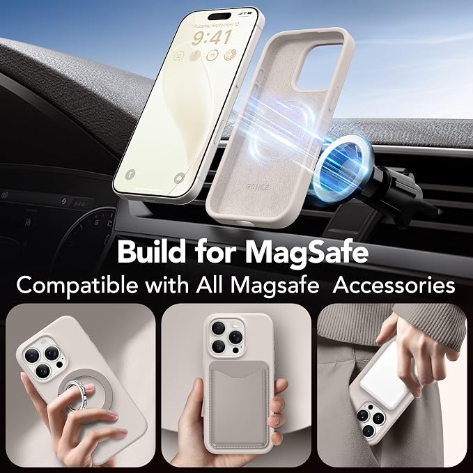 GONEZ Magnetic for iPhone 16 Pro Case, Compatible with MagSafe, [Screen Protector + Camera Lens Protector], Silicone Shockproof Anti-Scratch Protective Phone Case 6.3 inch, Stone