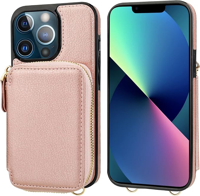 Bocasal RFID Blocking Wallet Case for iPhone 13 Pro Max, Adjustable Crossbody Zipper Purse Case Card Holder with Kickstand Detachable Wrist Strap, PU Leather Flip Folio Case 6.7 Inch 5G (Rose Gold)