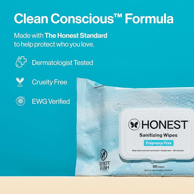 The Honest Company Fragrance-Free Sanitizing Alcohol Wipes, Antibacterial Safe for Hands, Kills 99% of Germs, Made With Aloe, 50 Count (1 Pack)