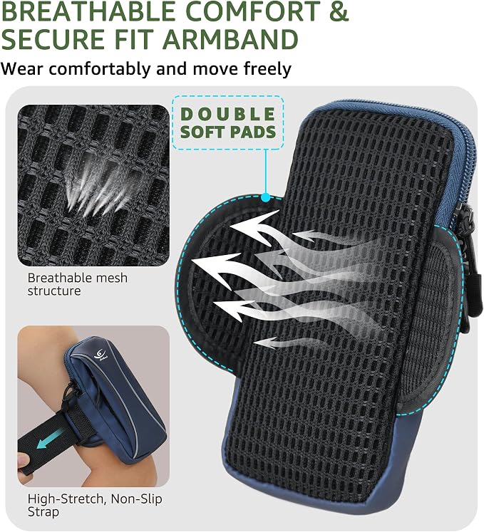 HiRui Arm Bag & Wrist Bag Phone Holder, Sports Running Armband for Gym, Cycling & Workout, Compatible with iPhone 17/16/15 Series, Samsung Galaxy & More, Reflective, Adjustable, Secure Fit (Blue)