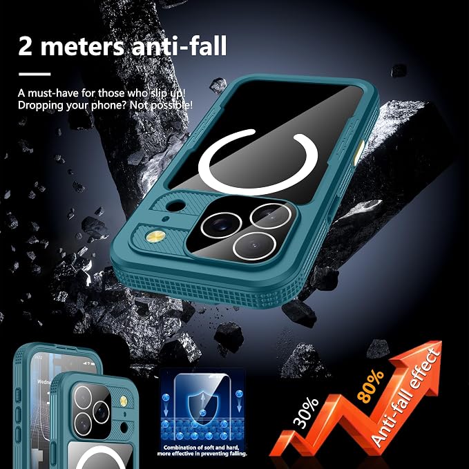 GOLDJU 2025 New Magnetic for iPhone 17 Pro Case-Waterproof, Built-in Screen & Camera Protector-IP68 Underwater Full Body 16FT Military Dropproof Shockproof Case for 17 Pro 6.3''- Blue