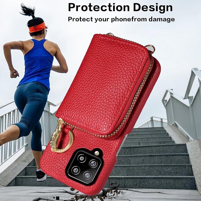 Wallet Case for Samsung Galaxy A22 4G 6.4 inch with Shoulder Strap Ring Buckle, PU Leather Zipper Organ Purse, Credit Card Holder Stand Phone Cover for M32 M22 F22 A 22 22A G4 Women Men Red