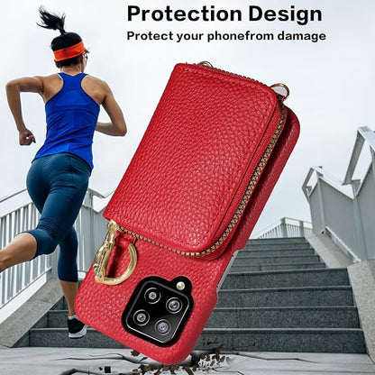 Wallet Case for Samsung Galaxy A22 4G 6.4 inch with Shoulder Strap Ring Buckle, PU Leather Zipper Organ Purse, Credit Card Holder Stand Phone Cover for M32 M22 F22 A 22 22A G4 Women Men Red