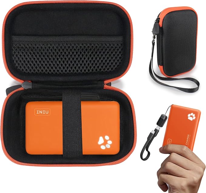 CaseSack Case for INIU Portable Charger 2-Ultra Slim (Black with Orange Zip)