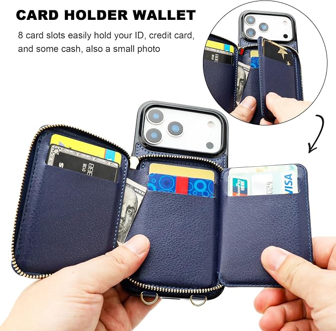 Bocasal Crossbody Wallet Case for iPhone 17 Pro Max, RFID Blocking PU Leather Zipper Handbag Purse Flip Cover, Kickstand Folio Case with Card Slots Holder Wrist Strap Lanyard 5G 6.9 Inch (Dark Blue)