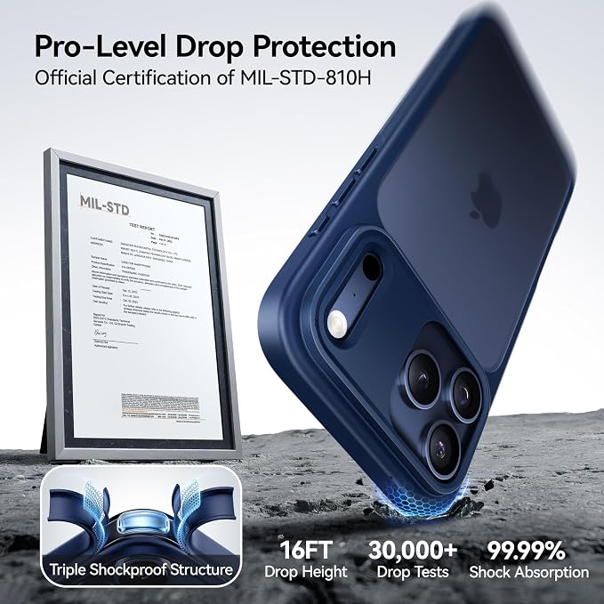 CASEKOO Armor Shockproof Designed for iPhone 17 Pro Case [16FT Military Grade Protection] Matte Finish Protective Phone Case Anti-Fingerprint Thin Slim Hard Cover for iPhone 17 Pro - Deep Blue