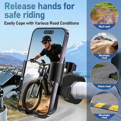 Motorcycle Phone Mount, Bike Bicycle Mount Handlebar Cell Phone Clamp Ebike Scooter Phone Clip for iPhone 16 Pro Max/Plus, 15 Pro Max, S10, S20, More 4.7" to 6.8" Smartphones
