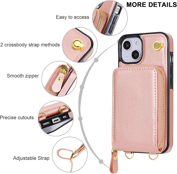 KIHUWEY Crossbody Wallet Case for iPhone 13 iPhone 14, Zipper Pocket Case with Card Holder, PU Leather RFID Protective Cover Case with Kickstand Detachable Wrist Strap Lanyard 6.1" (Rose Gold)