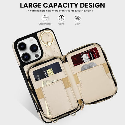 Keallce Case for iPhone 16 Pro 6.3'' Wallet Case, Crossbody Zipper Purse with Wristlet for Women, RFID Blocking Card Holders, 360° Ring Kickstand Flip Leather Case for iPhone 16 Pro, Beige