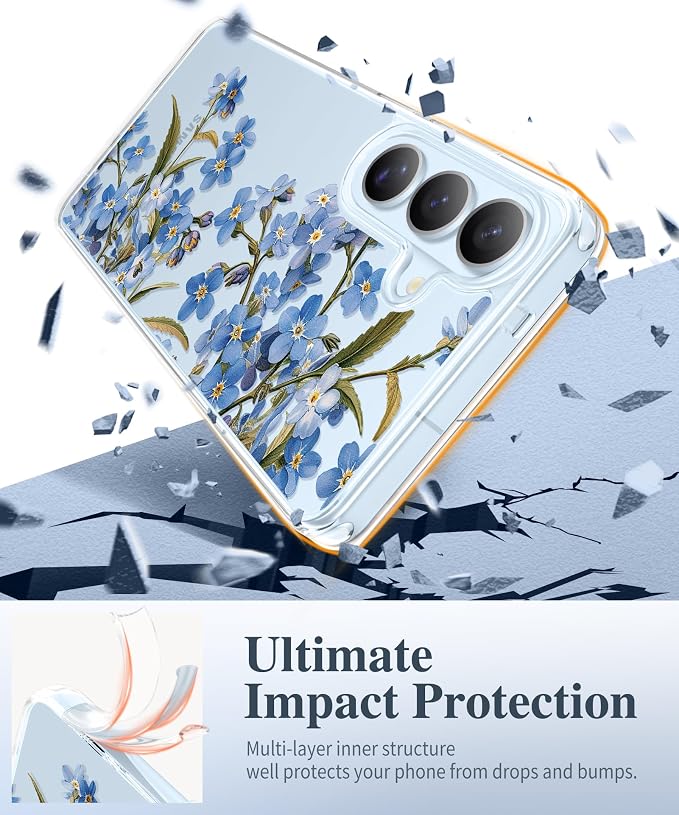 GVIEWIN for Samsung Galaxy S26 Plus Case, Clear Floral Slim Shockproof Protective Women Phone Case, Non-Yellowing, with Screen Protector&Camera Lens Protector for S26 Plus 6.7", Aconite/Blue