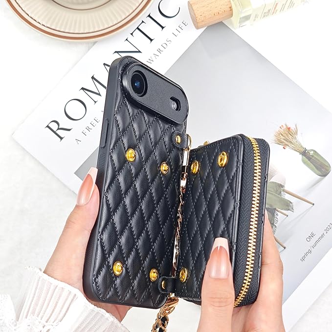 Compatible with iPhone 17 Air Case Wallet for Women, Stylish Crossbody Wallet Case with Detachable Chain Strap&Card Slots Holder, Quilted PU Leather Kickstand Phone Cases for iPhone 17 Air, 6.5 inch
