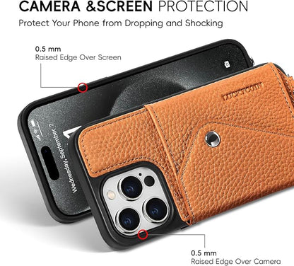 LUCKYCOIN for iPhone 15 Pro Crossbody Wallet Case – Genuine Leather Phone Purse with Adjustable Strap and Card Holder,Lanyard Phone Purse Case for Women,Pebble Grain Brown