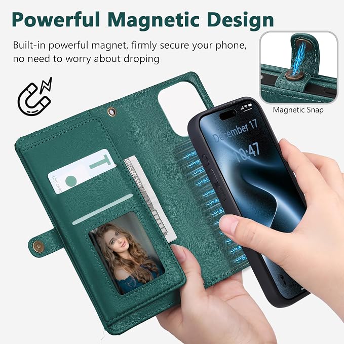 Wallet Case for iPhone 15 Pro Max with Card Holder/Crossbody Wallet/Strap| RFID Blocking | Magnetic | Kickstand | Detachable | PU Leather Phone Case for iPhone 15 Pro Max,6.7 in,Green