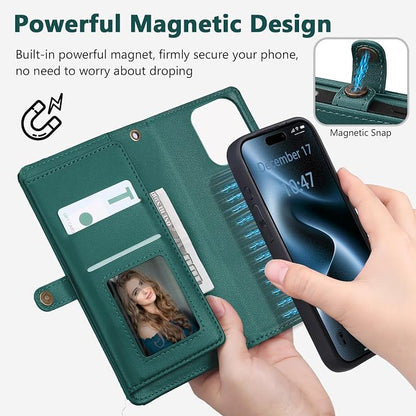 Wallet Case for iPhone 15 Pro Max with Card Holder/Crossbody Wallet/Strap| RFID Blocking | Magnetic | Kickstand | Detachable | PU Leather Phone Case for iPhone 15 Pro Max,6.7 in,Green