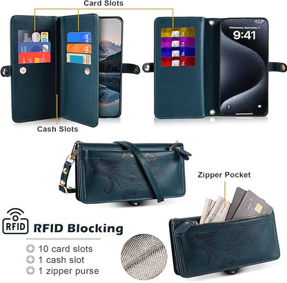 Lacass for iPhone 16 Plus Case Wallet,[Cards Theft Scan Protection] Card Holder Zipper Leather Flip Cover Crossbody Wrist Strap with Stand (Floral Cyan Green)