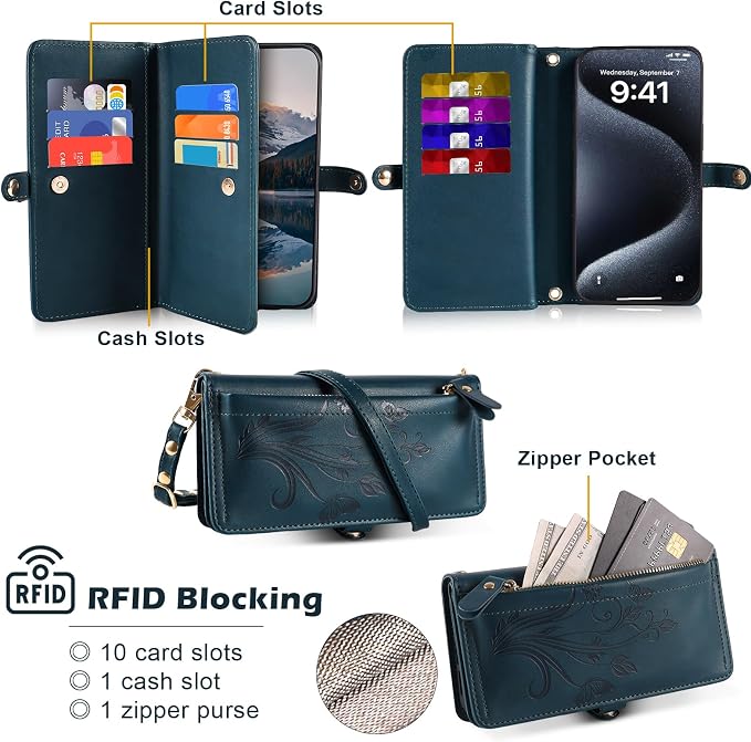 Lacass for iPhone 16e/17e Case Wallet,[Cards Theft Scan Protection] Card Holder Zipper Leather Flip Cover Crossbody Wrist Strap with Stand (Floral Cyan Green)
