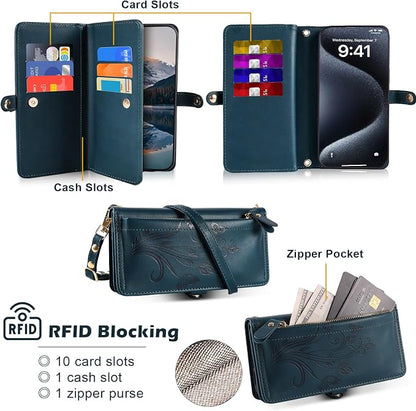 Lacass for iPhone 16e/17e Case Wallet,[Cards Theft Scan Protection] Card Holder Zipper Leather Flip Cover Crossbody Wrist Strap with Stand (Floral Cyan Green)