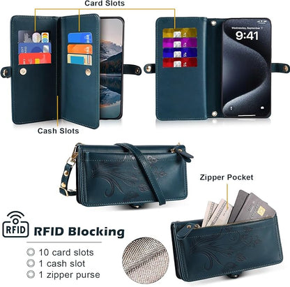Lacass for iPhone 17 Pro Max Case Wallet,[Cards Theft Scan Protection] Card Holder Zipper Leather Flip Cover Crossbody Wrist Strap with Stand (Floral Cyan Green)