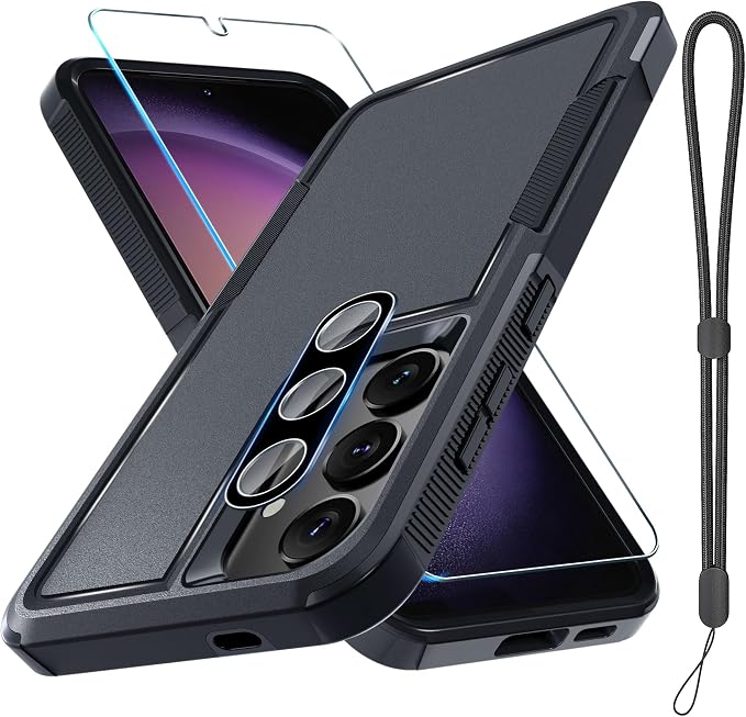 RMOCR Case for Samsung Galaxy S25, Full Body Heavy Duty Rugged Shockproof Protective Phone Cover with Lanyard Strap, Tempered Glass Screen Protector and Camera Lens Cover, Black Matte