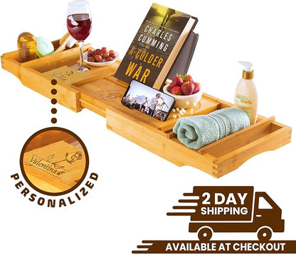 Personalized Bathtub Tray - Engraved Foldable Bamboo Bath Caddy, Tub Tray with Expandable Sides, Luxury Wooden Bath Table for Relaxation Spa - Customized Gift for Mom, Wife, New Home