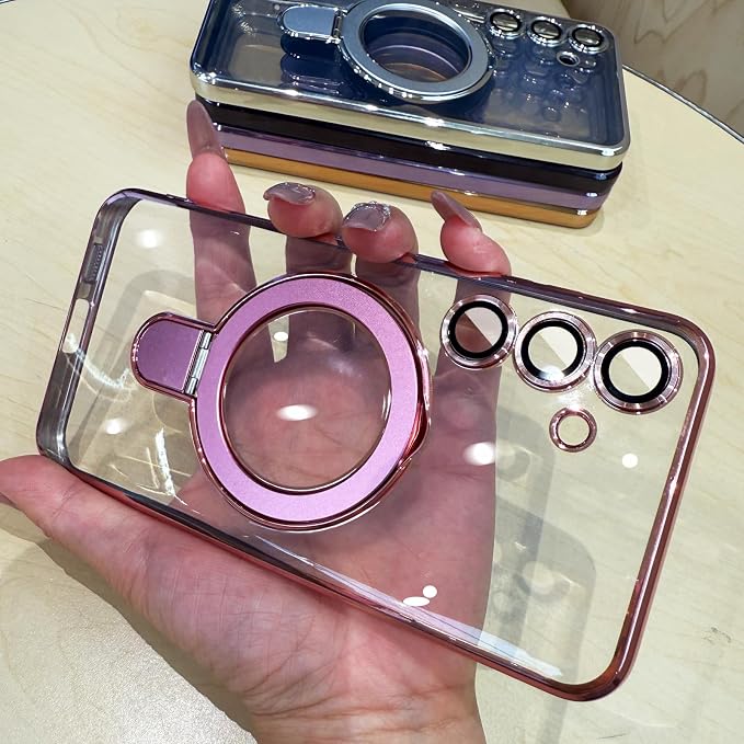 Magnetic Case for Samsung Galaxy S24 Case Stand & Ring Holder Compatible with MagSafe Built-in Camera Lens Protector Shockproof Phone Case for Samsung S24 - Pink