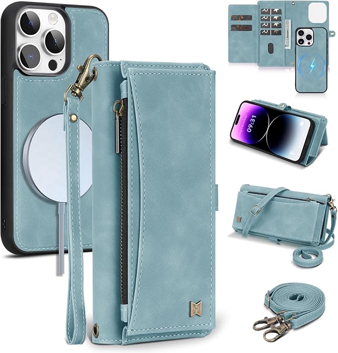 Wallet Case for iPhone 14 Pro Max with Card Holder/Crossbody Wallet/Strap| RFID Blocking | Magnetic | Kickstand | Detachable | PU Leather Phone Case for iPhone 14 Pro Max,6.7 in,Blue