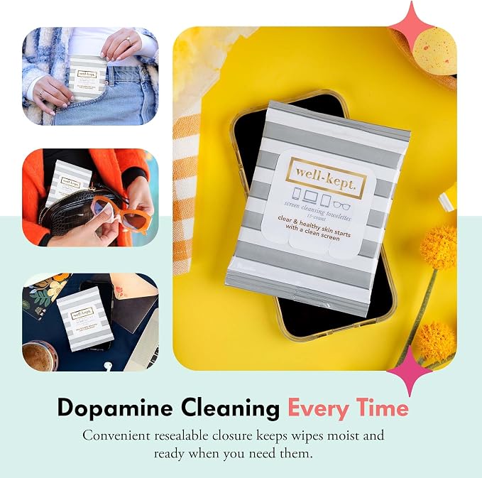 Well-Kept Tech & Lens Wipes - Eyeglass, Screen & Phone Cleaning, Multi-Surface, Lint-Free, Pre Moistened, Streak-Free & Non Scratching - Hamptons, 6 Pack (90 Count)