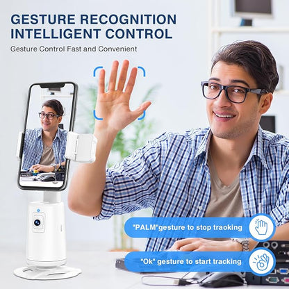 Auto Face Tracking Tripod 360° Rotating Cell Phone Photo and Video Kits Stand, No App, Camera Stand with Remote and Gesture Control, Rechargeable Smart Shooting Stand for Live Recording Tiktok（White）
