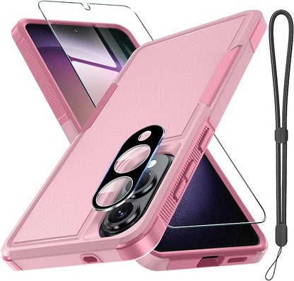 RMOCR Case for Samsung Galaxy S25 Edge, Full Body Heavy Duty Rugged Shockproof Protective Phone Cover with Lanyard Strap, Tempered Glass Screen Protector and Camera Lens Cover, Cute Pink