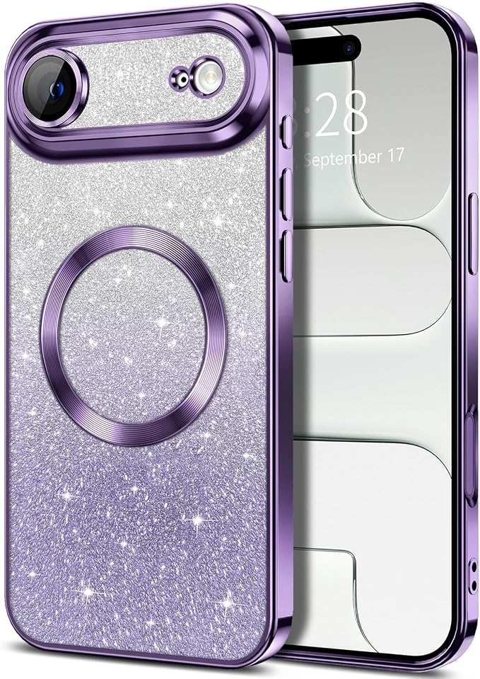 Hython for iPhone Air Case Glitter Clear Magnetic Phone Cases [Compatible with MagSafe] Full Camera Lens Protector Sparkle Luxury Plating Slim Shockproof Protective Cover Women, Gradient Purple