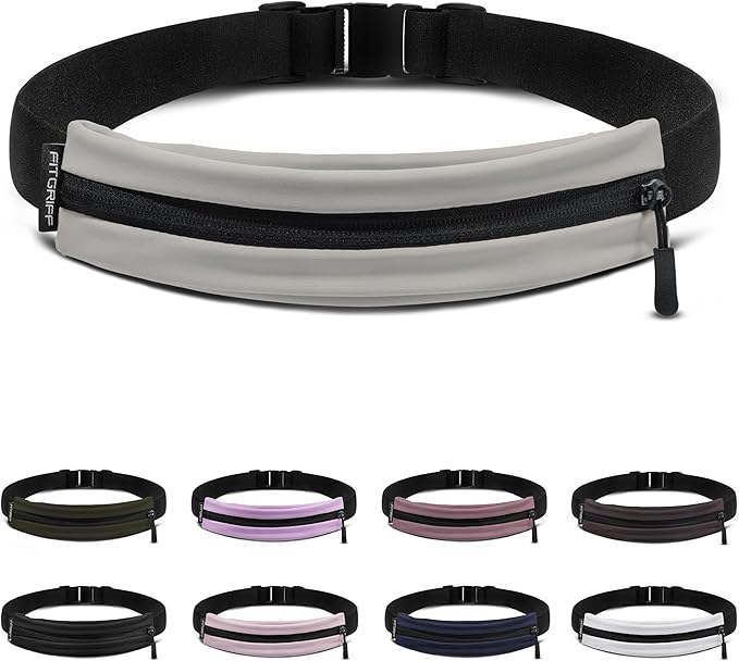 Fitgriff® Running Belt V2 for Men & Women - Slim Fanny Pack, Phone Holder for Jogging, (Fits All Cell Phones) - Money Belt, Runners Waist Pouch (Light Taupe, One Size (Waist 24.4 – 43.3 inches))