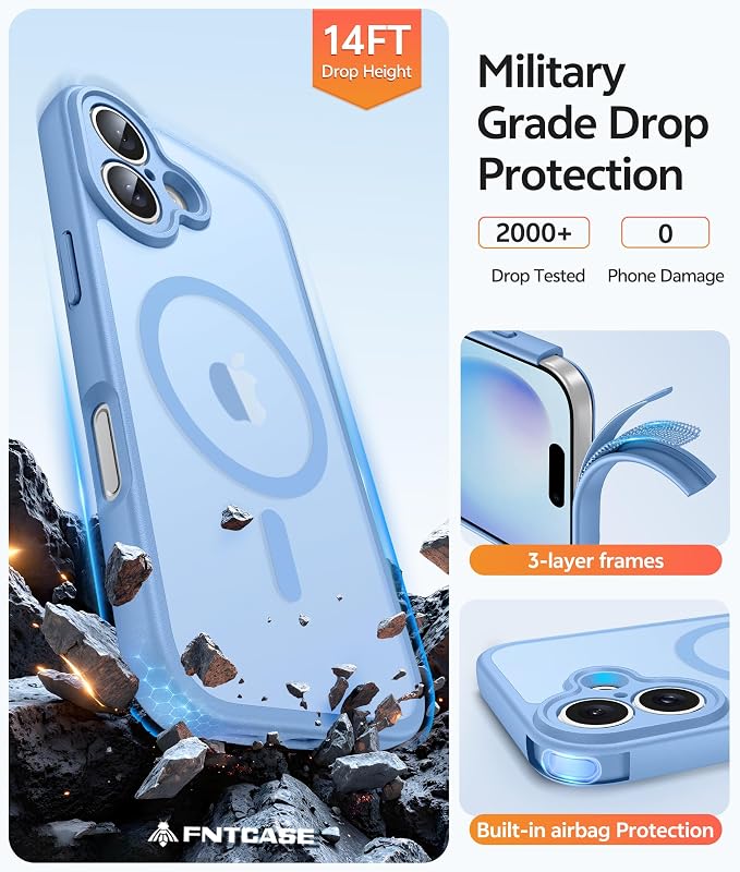 FNTCASE for iPhone 16 Plus Case [Compatible with Magsafe] Translucent Matte Cases with [Screen Protector] Military Grade Shockproof Protective Phone Cover - Light Blue
