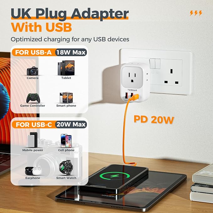 TESSAN UK Adapters for Travel, US to UK Ireland Plug Adapter 20W, Foldable | Power Adaptor, 4 Outlets 3 USB(PD 20W 1 USB C), Type G for USA to Scotland London England Hongkong Dubai Irish