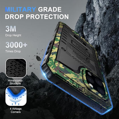 Beasyjoy for iPhone 15 Pro Case Waterproof, Metal Heavy Duty Full Body Protective Case with Built-in Screen Protector, Military Grade Shockproof Dustproof Defender Case for iPhone 15 Pro 6.1", Camo